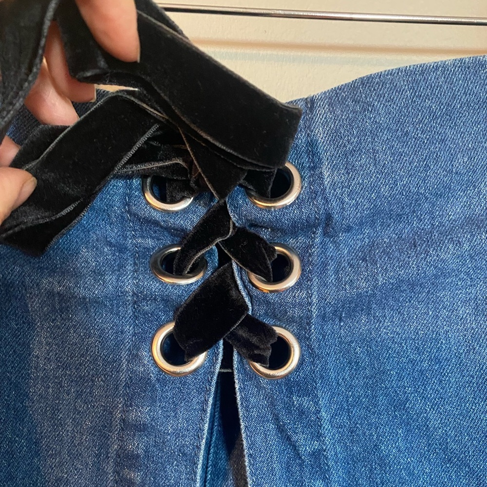 Peacebird Layered Denim Skirt Front Tie Side Pockets Size S - Picture 3 of 9